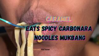 Caramel Eats Spicy Carbonara Noodles Mukbang