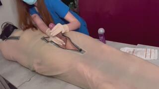 Milking table. Nurse Nastya is goin to inspects patient's cock and prostate while he's restrained in a bodybag