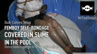 Femboy Covered in Milky Slime - Intense Self-Bondage in the Pool