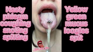 Snorting coughing hocking and spitting nasty yellow green thick silmy phlegm mucus loogies from my lungs sinuses and throat