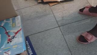 Carina is Crushing Cardboard boxes with my Birkenstocks and Nylons