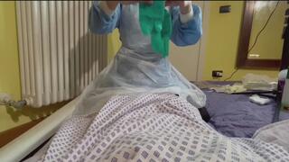 Nurse Nastya EXTRACTING CUM SAMPLE from patient in a plastic catheter with double surgical gloving