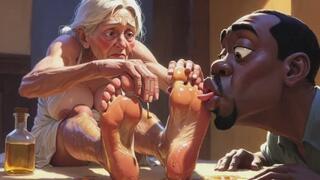 Old Granny Foot Worship - Man Licking Oiled Wrinkled Soles