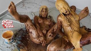 Very Messy Covered in Pudding Jerking off with Dildo!