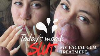 Today's mood: SLUT, receiving my facial cum treatment and letting him balls-empty, thick cum over my face & nails!!