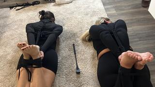 First time Hogtie for German girl - tape hogtie with foot worship. 2 videos in 1