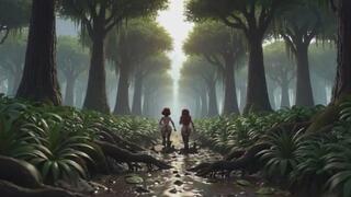 Two stunning women lose their clothes in a dark swamp searching for their friend and end up naked in the mud AI generated
