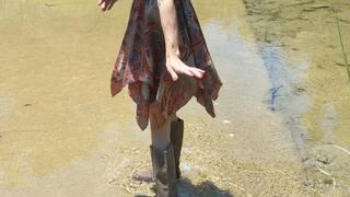 *NEW* Fifi walking around and splashing in the creek in her tall grey leather boots to see how long she can keep her feet dry