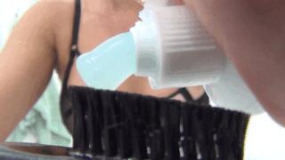 LorY brushes her teeth and blows bubbles d