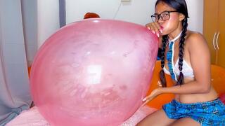 Sexy Schoolgirl Camylle Blows To Pop Your Huge Pink Belbal 24 Inch Soap Balloon