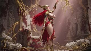 Sensual Throne Routine in Decayed Elphael with Revealing Armor and Provocative Poses