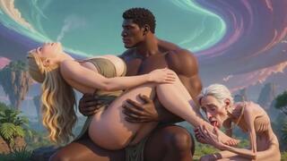 90 Year Old Granny Foot Slave - Licking Girl's Feet While on Black Man's Lap