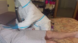 NAUGHTY NURSE NASTYA TREATS HER VERY SICK PATIENT WITH HANDJOB UNTIL HE CUMS USING heavy duty PPE and a gas mask