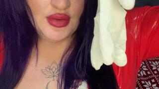 girl in latex dress play with dildo in medical gloves