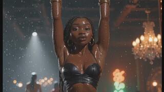 Hot sexy ebony babe hangs from a beam and swings her sexy body as she shows off her sweaty armpits and belly and poses for you