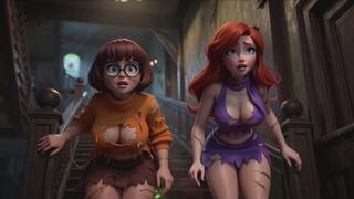 two cartoon beauty Become Fully Nude in Haunted Mansion Ghost Mystery as Their Clothes Tear During Investigatio