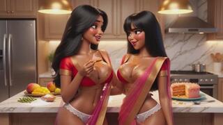 Two voluptuous Indian lesbians cleaning kitchen floor on all fours in revealing traditional attire no panties