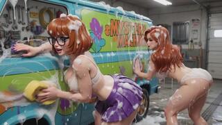 Enjoy a Sensual Soapy Nude Car Wash Cleaning the Classic Mystery Machine Van Thoroughly
