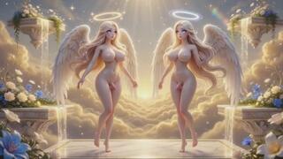 Stunning Busty Archangels with Majestic Wings Passionately Embrace in Celestial Paradise near Golden Waterfall