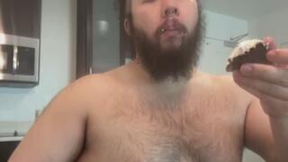 Bear eats a slice of pie