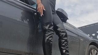Nicotine Craving Hooked – Seductive Car Exit & Leather Smoking