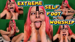 Extreme Self Foot Worship - Ahegao Slutty With Nose Hook Stuffs Toes in Her Mouth!