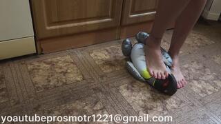 Nastya, barefoot, then in white sneakers, tramples and steps on an inflatable penguin, crushing it, and stepping on it with all her weight. foot fetish crush fetish feet second angle