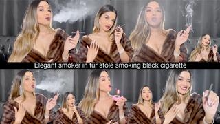 Elegant smoker in fur stole smoking black cigarette