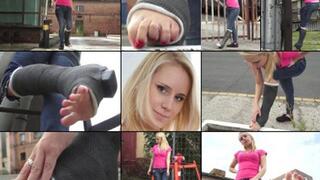 Stella SLWC Dodging Obstacles and Protecting her Toes in an Unfamiliar Neighborhood with Foot Play (in HD 1920X1080)