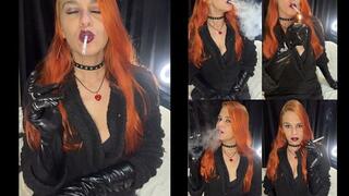 Kissing a long cigarette, black leather gloves