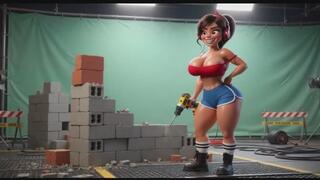 Curvy Builder Babe Strips and Poses Seductively with Drill in Studio Session AI generated