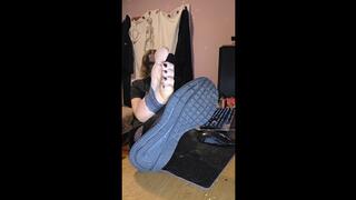 Sniffing my stinky sneakers while showing off my feet