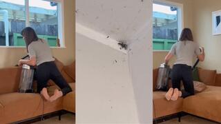 Suntan Pantyhose Housewife Vacuuming - Spots Spider. Powerful Suction. Continues Vacuuming Couch.