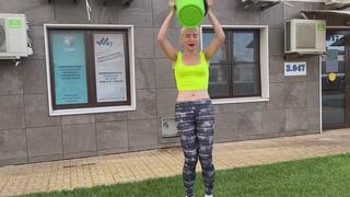 Pouring water from buckets and wet masturbation