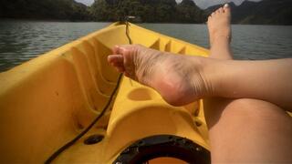 Relaxing in Yellow Kayak - Damp Soles & Toes Tease