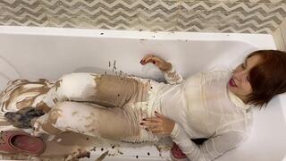 Messy white outfit! Pants filling! Over the head too!