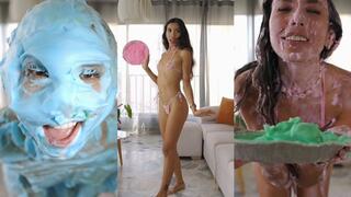 I'm modeling my micro bikini, which is covered in pie