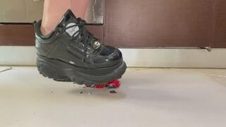 Boy with Buffalo black patent platform sneakers crush stomp smash and destroy damaged toys cars model