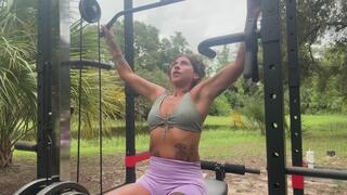 Outdoor upper body workout, sweaty armpits and tits