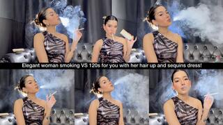 Elegant woman smoking VS 120s for you with her hair up and sequins dress!