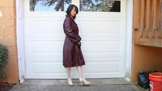Jane Domino Vintage Maroon Leather Trench Coat, Shiny Pants & Shiny Boots