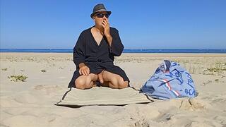 Me on the naturist beach in a hat, with a cigarette, naked, and also in a black robe. Part 4