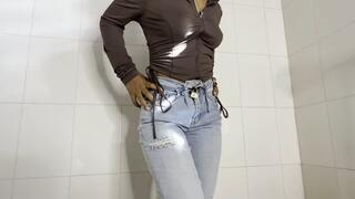 Jeans locked with padlock - Pee Desperation Jeans Wetting