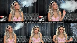 Blonde doll in silk pink bra smoking marlboro red 100s close up!