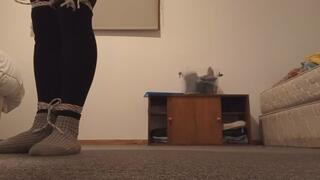 Crossdresser selfbondage in shorts and pantyhose.