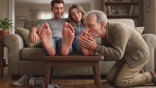 Old Cuckold Husband Kisses & Worships Young Couple's Feet Foot Humiliation