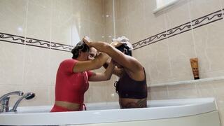 Dunk and wash each other hair! Wet in sport outfit!
