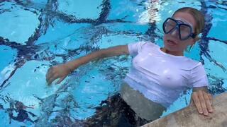 Wetlook and Dive in the Pool with Mask! Sheer Top, No Bra!