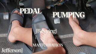 Man in flip flops masturbating by pumping car pedals (T)