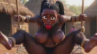 African Black Hairy Woman in Bondage - Waiting to be Fucked by Tribe